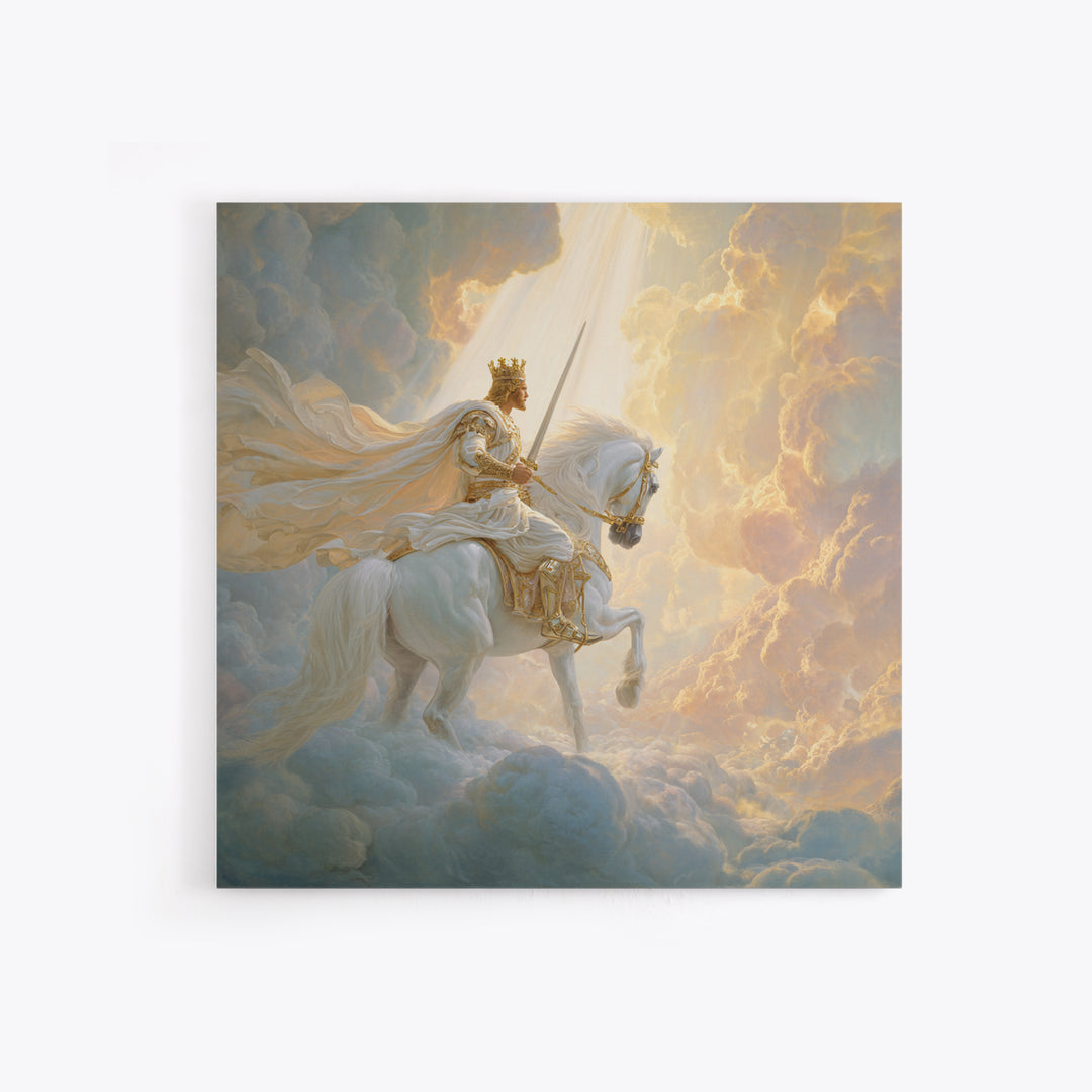 Heavenly King On White Horse Wall Art, Biblical Fantasy Art Print, Christian Home Decor, Ethereal Clouds Framed Canvas Print