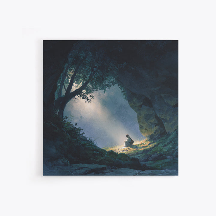 Mystic Cave Seeker Framed Canvas Print, Fantasy Wall Art, Moody Forest Decor, Surreal Adventure Art, Meditation Room Decor