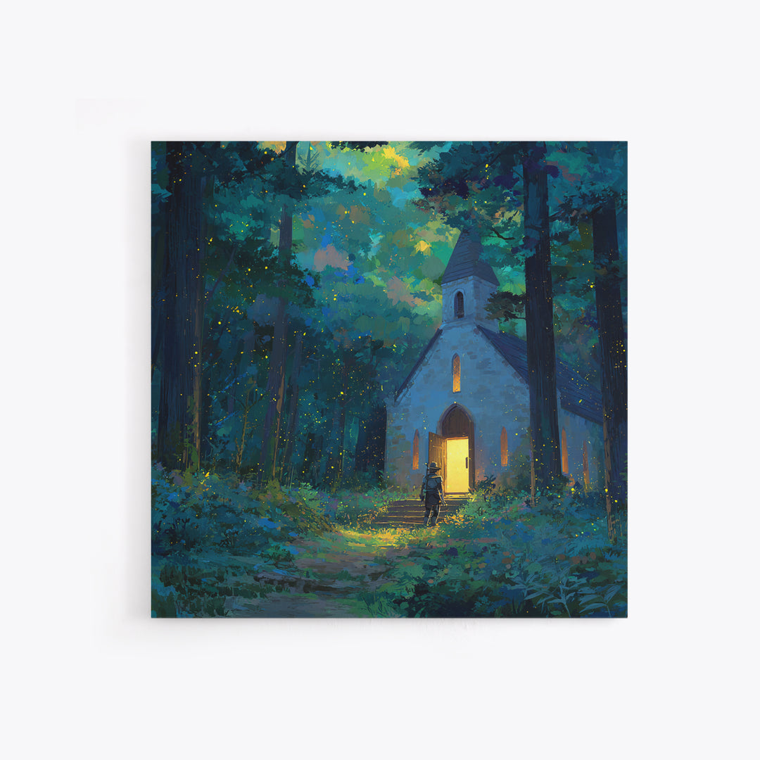 Glowing Chapel In Enchanted Forest Wall Art, Whimsical Christian Canvas Print, Fairy Tale Decor, Kids Room Art, Nursery Decor