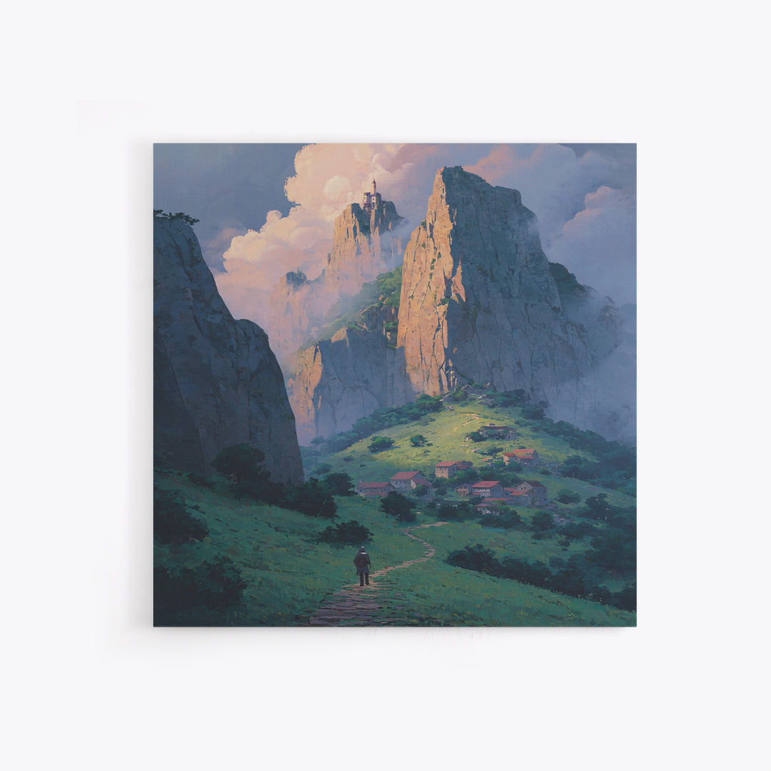 Fantasy Mountain Village Below Castle Wall Art, Dreamy Landscape Print, Storybook Decor, Whimsical Fantasy Art, Nursery Wall Art