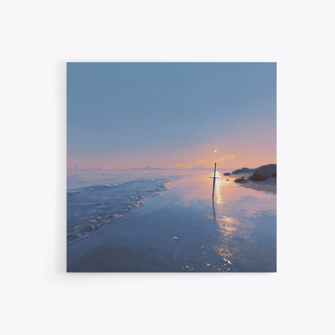 Pastel Beach Sunset With Sword Reflection Wall Art, Coastal Canvas Print, Minimal Ocean Landscape Bedroom Decor Gift For Her