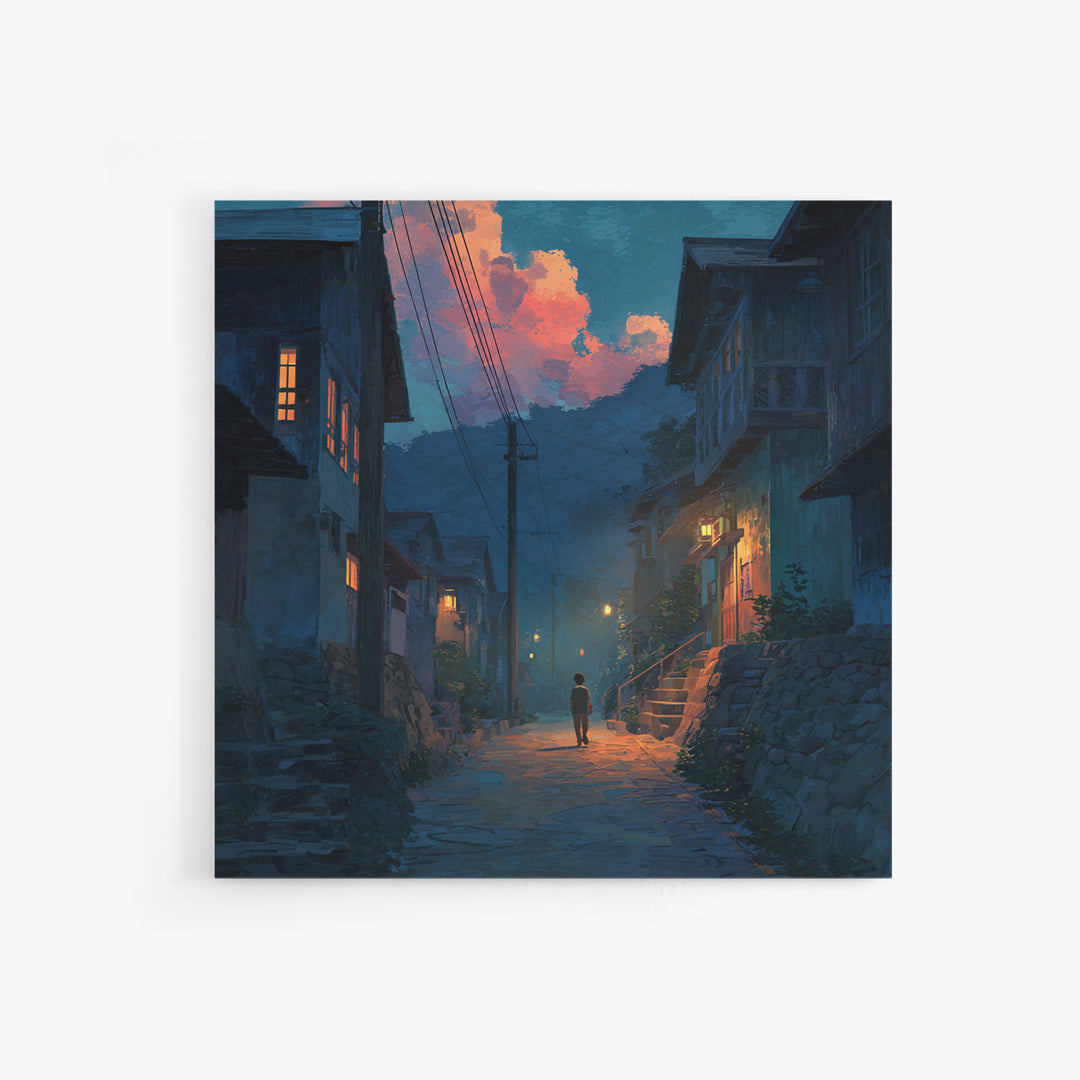 Child Walking Through Twilight Mountain Village Canvas Print, Moody Alley Wall Art, Cozy Blue Landscape, Whimsical Decor