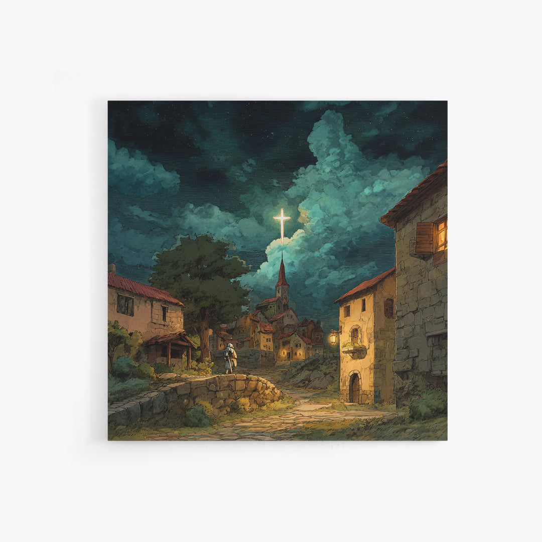 Moonlit Christian Village With Glowing Cross Wall Art, Storybook Church Canvas Print, Rustic Faith Decor For Cozy Home Decor
