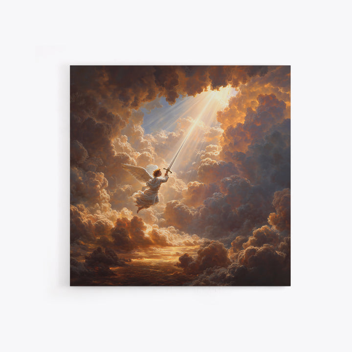 Angelic Warrior In Storm Clouds Framed Canvas Print, Christian Wall Art, Celestial Sword Painting For Prayer Room Decor Gift