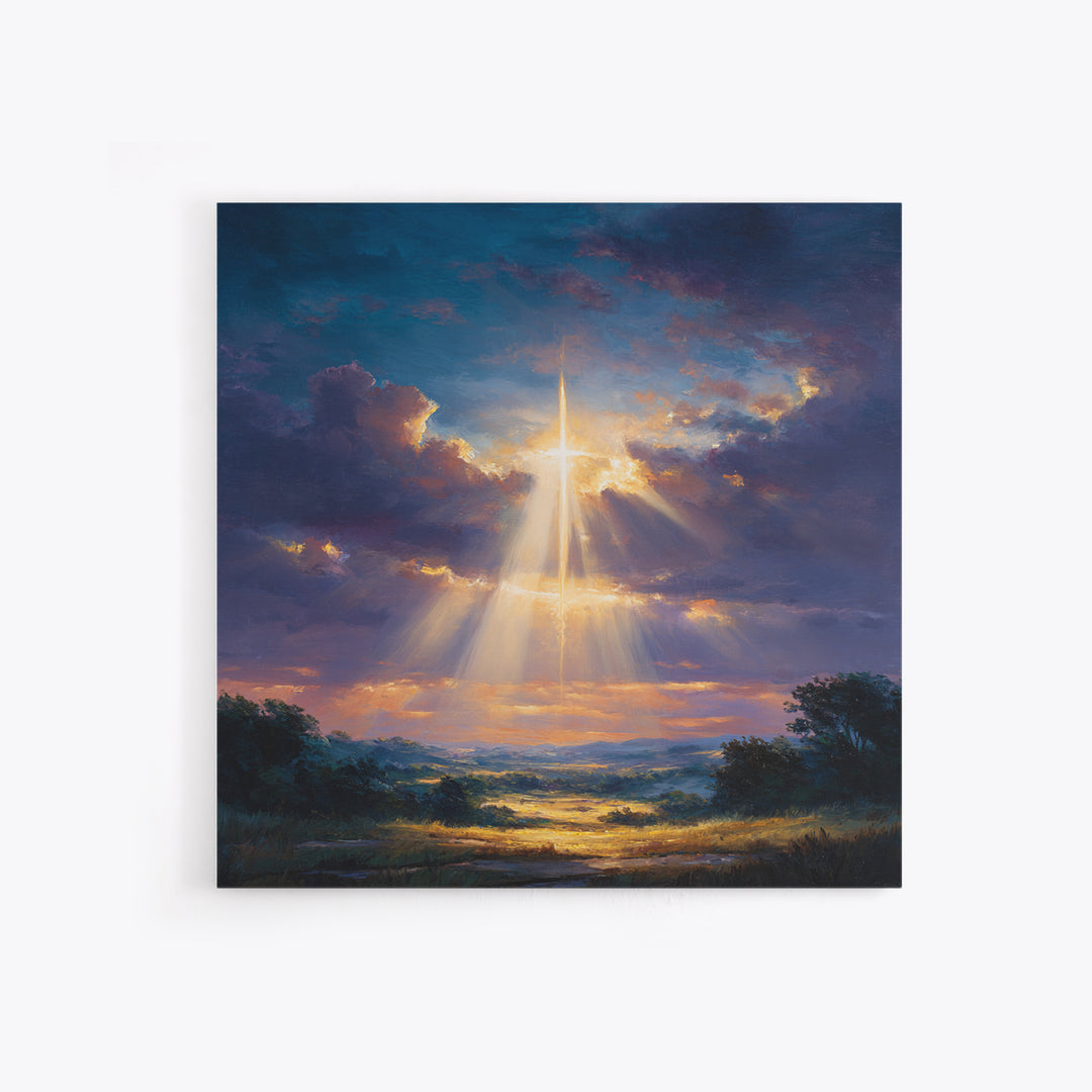 Radiant Cross Above Sunrise Valley Wall Art, Christian Landscape Canvas Print, Spiritual Decor, Inspirational Faith Gift