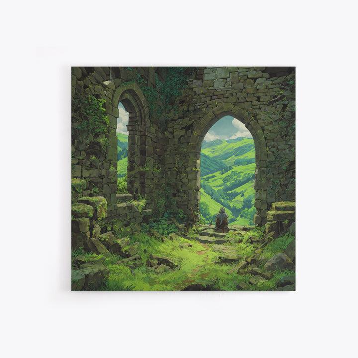 Castle Ruins Green Valley Knight Wall Art, Fantasy Landscape Canvas Print, Medieval Adventure Home Decor, Gamer Gift For Him