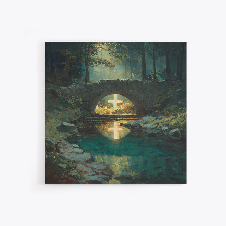 Glowing Cross Beneath Stone Bridge Framed Canvas Print, Christian Wall Art, Forest Stream Landscape, Calming Home Decor Gift