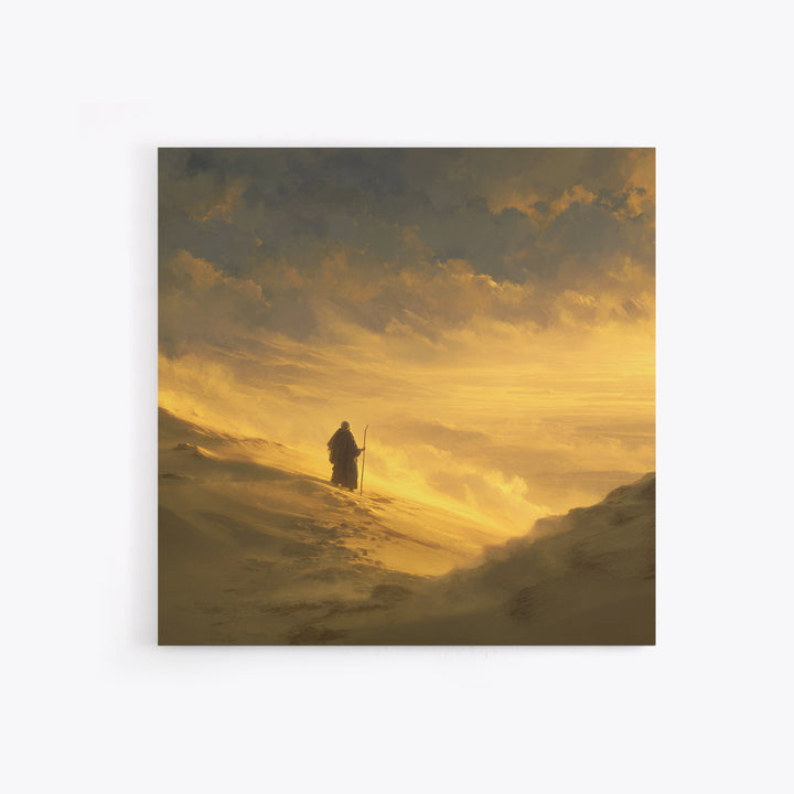 Lone Pilgrim Crossing Golden Desert Wall Art, Spiritual Landscape Canvas Print, Minimalist Desert Decor, Warm Neutral Home Decor