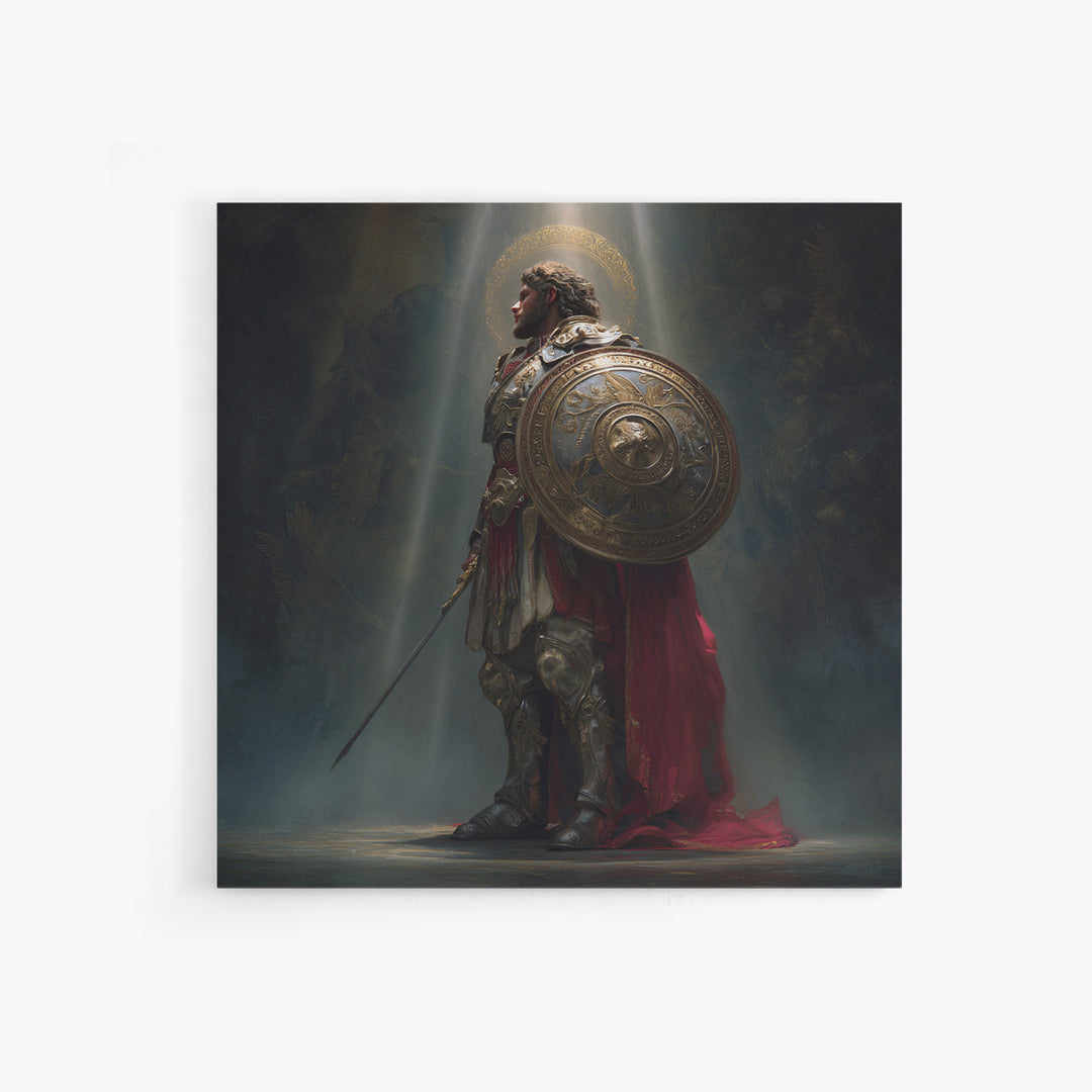 Angelic Warrior With Shield Framed Canvas Print, Dark Fantasy Wall Art, Renaissance Knight Decor For Dramatic Home Decor