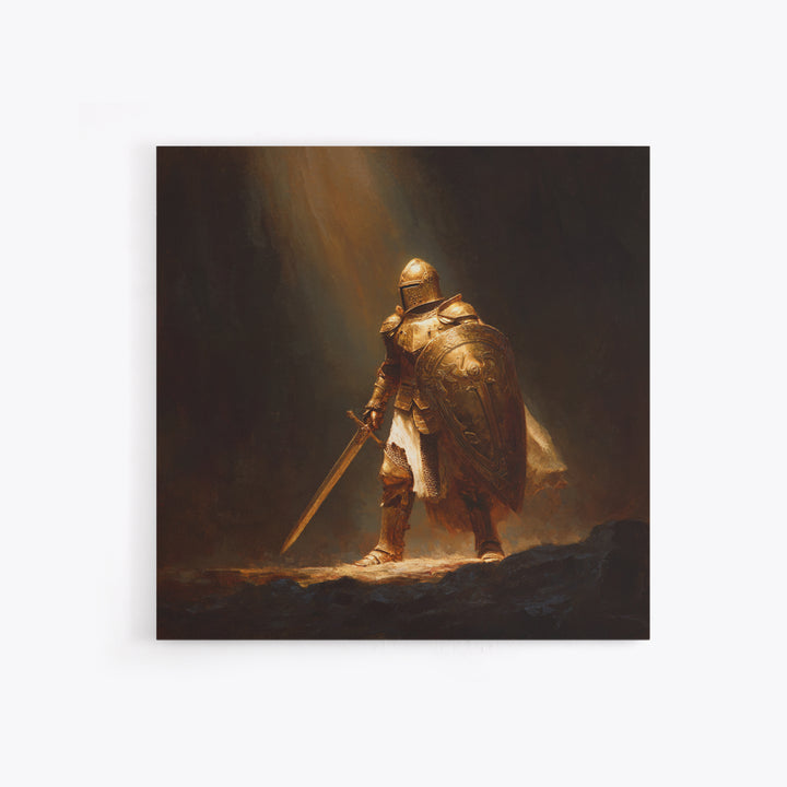 Golden Knight With Sword Canvas Print, Dark Fantasy Warrior Wall Art, Medieval Armor Painting, Masculine Office Decor, Gift For Him