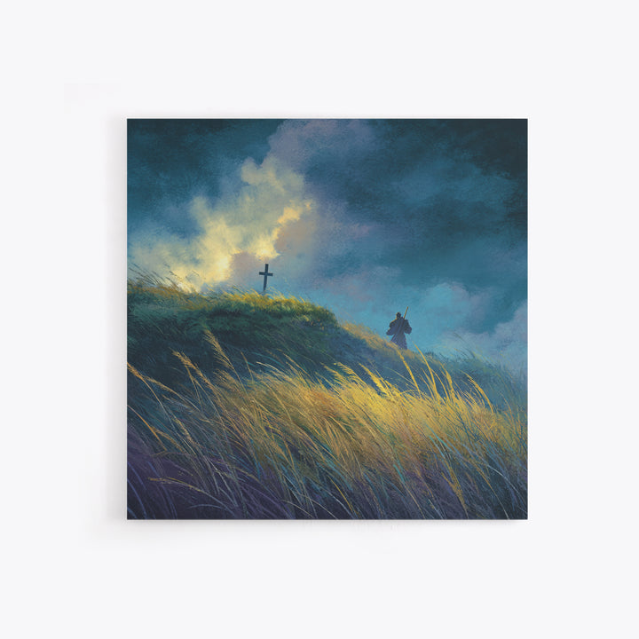 Solitary Pilgrim Near Cross Wall Art, Moody Christian Canvas Print, Windy Grassland, Spiritual Landscape Decor Gift For Him