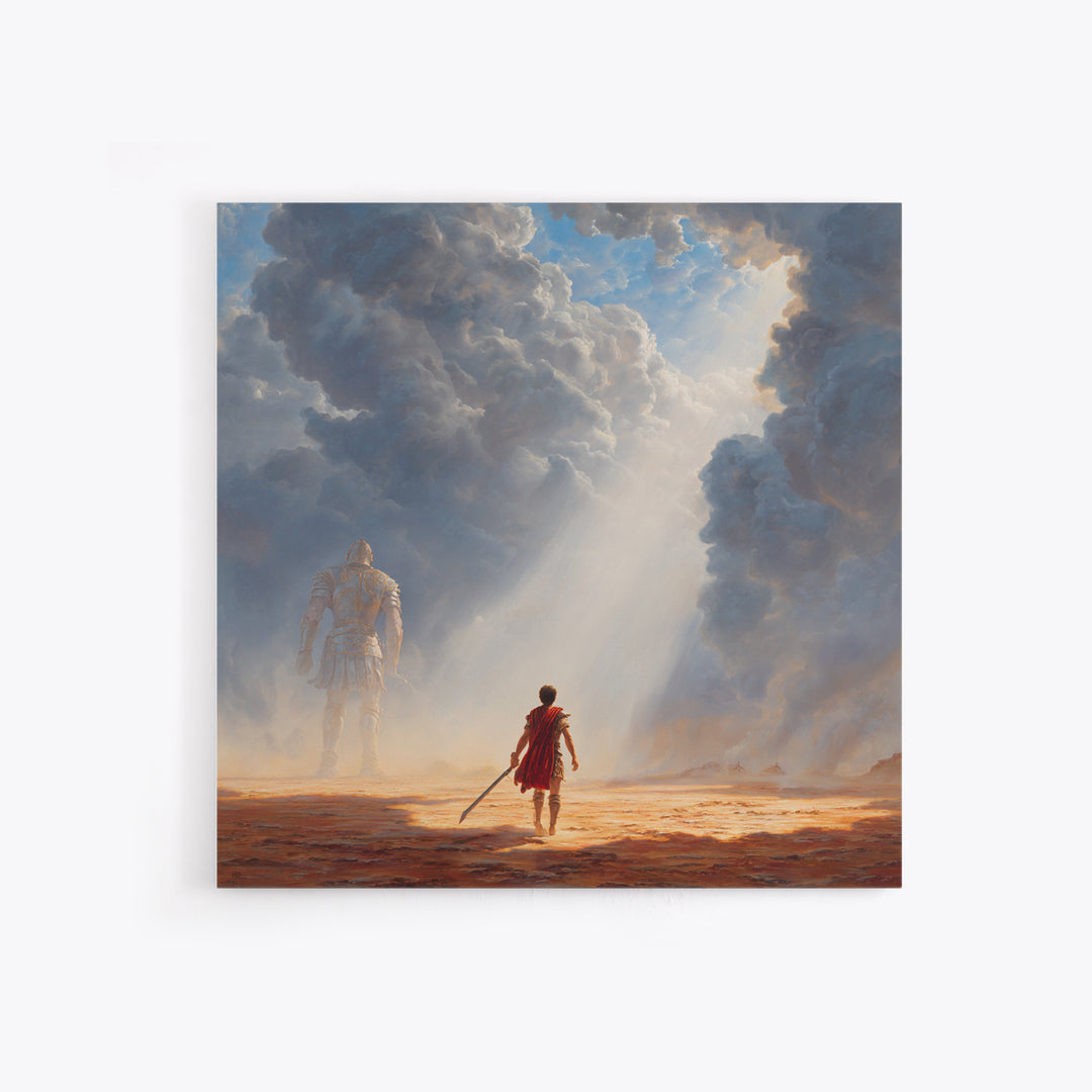 Young Hero Facing Cloud Giant Wall Art, Epic Fantasy Landscape Canvas Print, Mythological Adventure Decor, Gift For Gamer