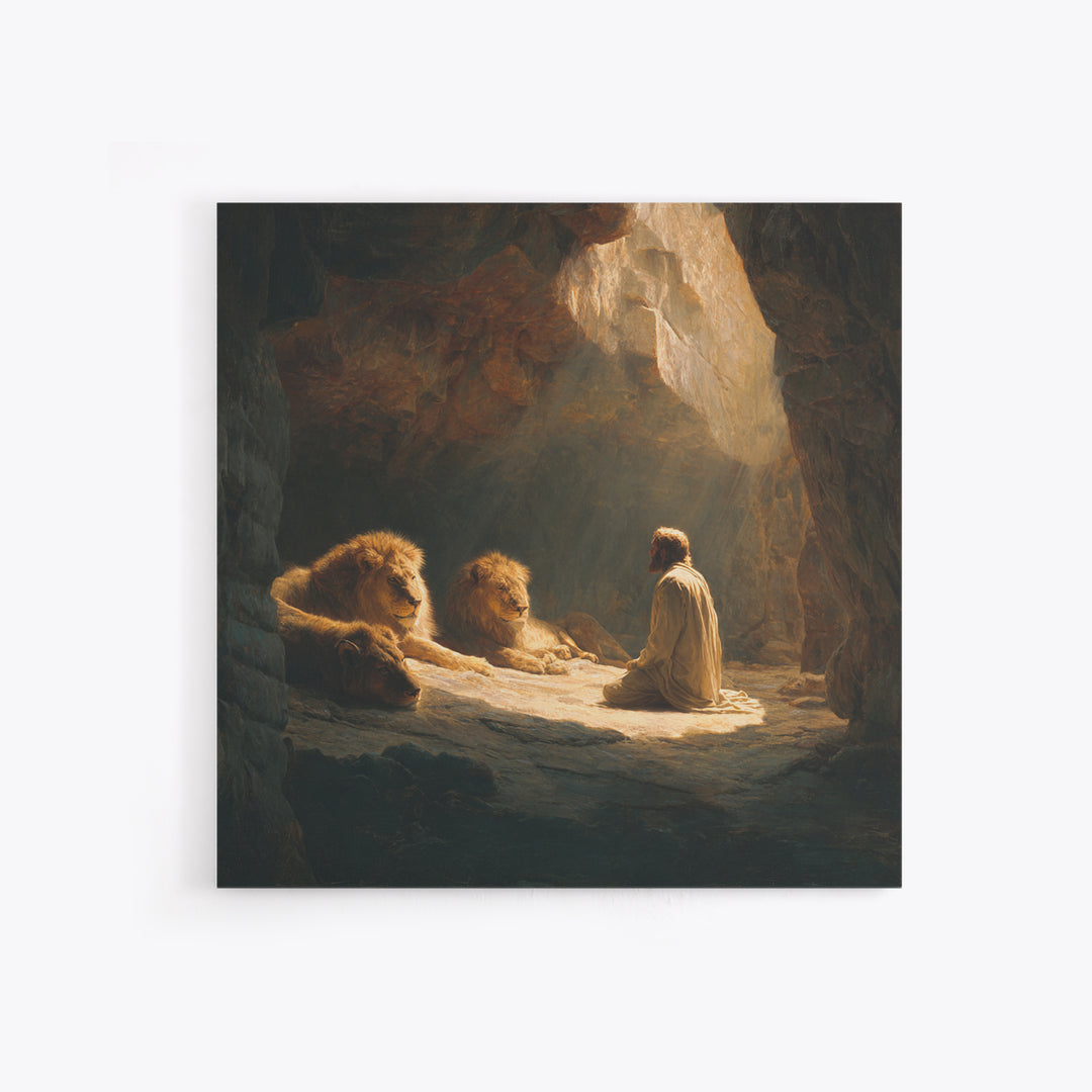 Daniel With Lions In Cave Wall Art, Biblical Christian Canvas Print, Jesus Artwork, Religious Home Decor Gift For Prayer Room