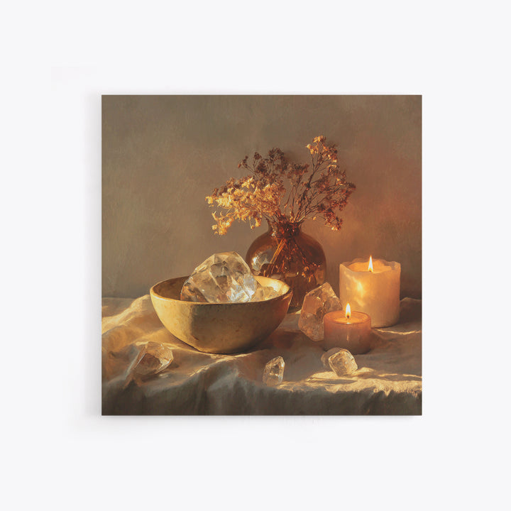 Glowing Candles Crystals And Dried Flowers Wall Art, Spiritual Still Life Canvas Print, Cozy Spa Decor For Bedroom And Meditation Room