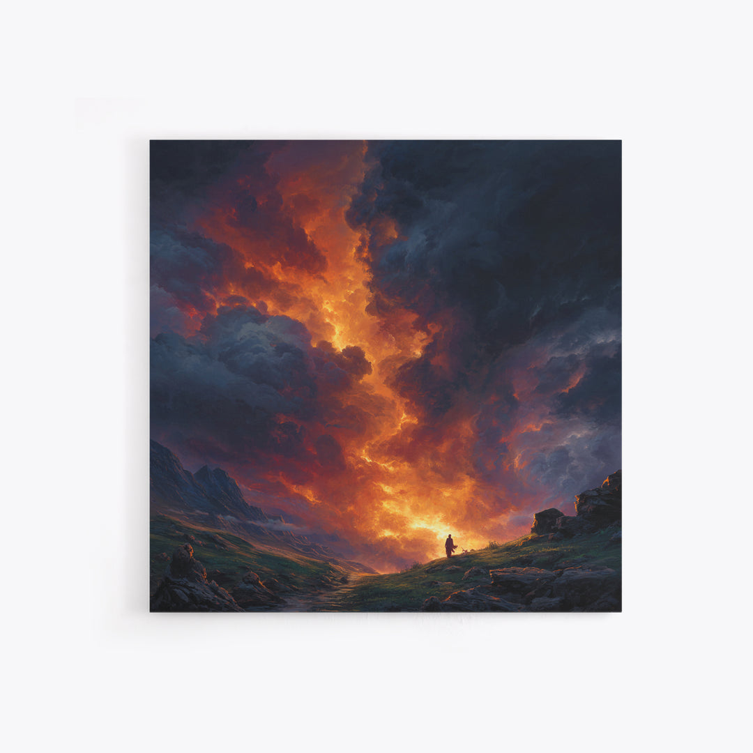 Fiery Mountain Storm At Sunset Wall Art, Dramatic Fantasy Landscape Canvas Print, Moody Maximalist Living Room Decor Gift