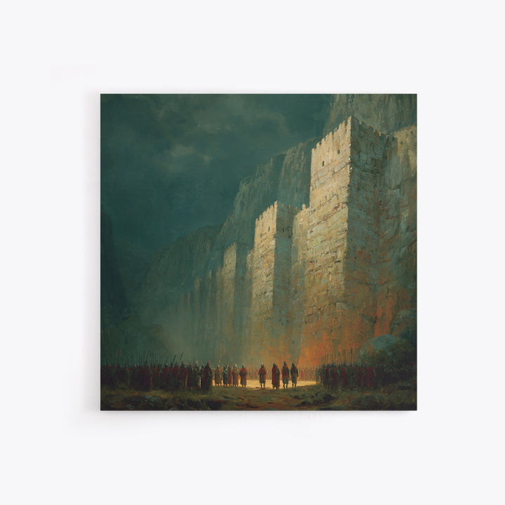 Towering Fortress In Misty Canyon Canvas Print, Epic Fantasy Wall Art, Medieval Castle Decor, Large Statement Artwork Print