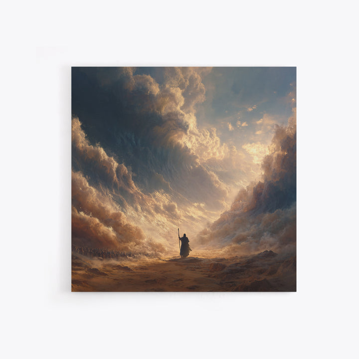 Biblical Sea Parting Prophet In Golden Storm Wall Art, Christian Canvas Print, Dramatic Religious Housewarming Gift Home Decor