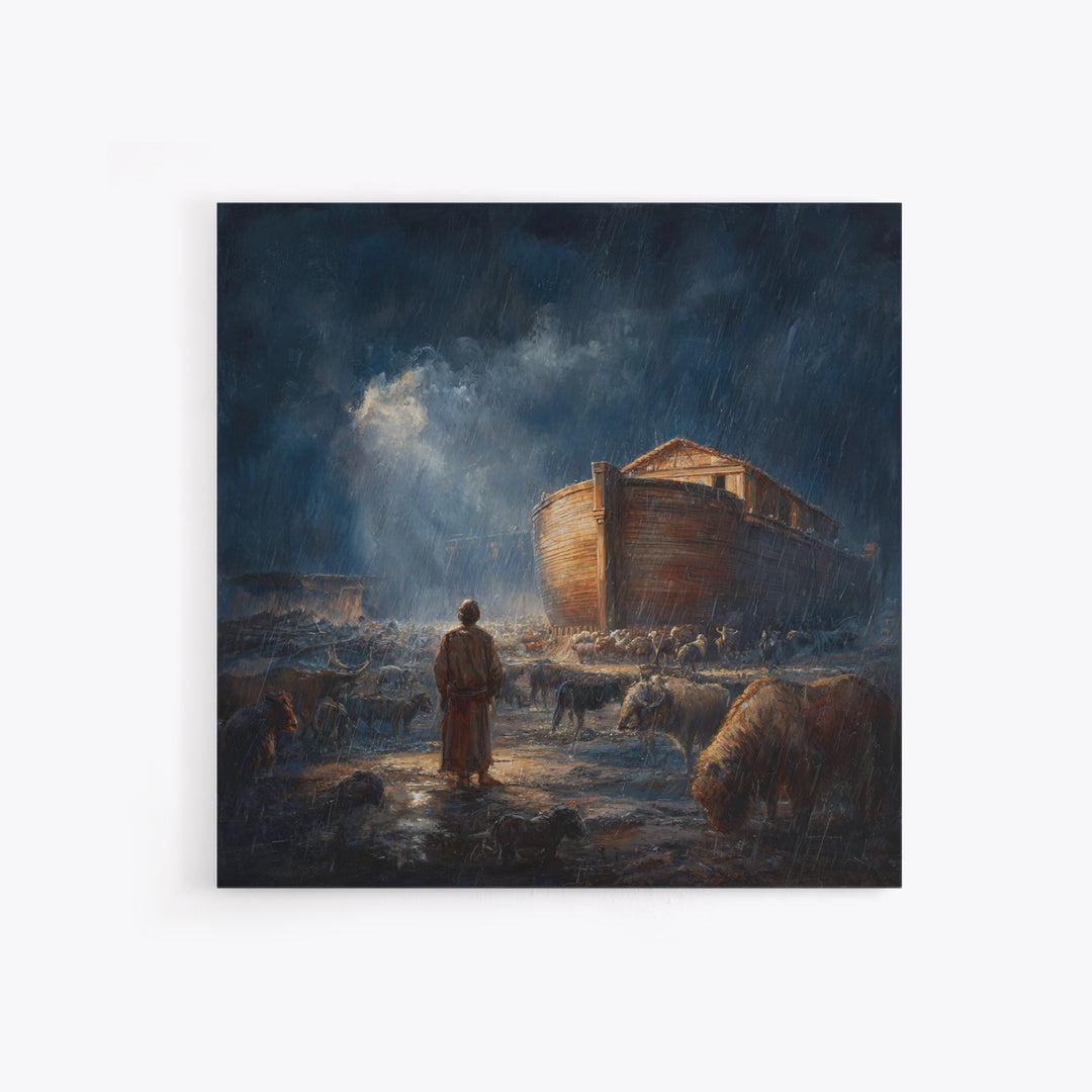 Noahs Ark In Stormy Rain With Animals Canvas Print, Biblical Wall Art, Christian Decor, Dramatic Nursery Or Living Room Art