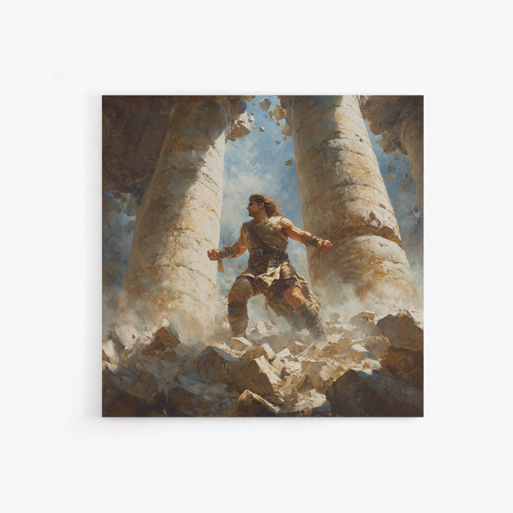 Heroic Warrior Among Crumbling Columns Wall Art, Fantasy Canvas Print, Ancient Ruins Decor, Mythology Artwork Gift For Him