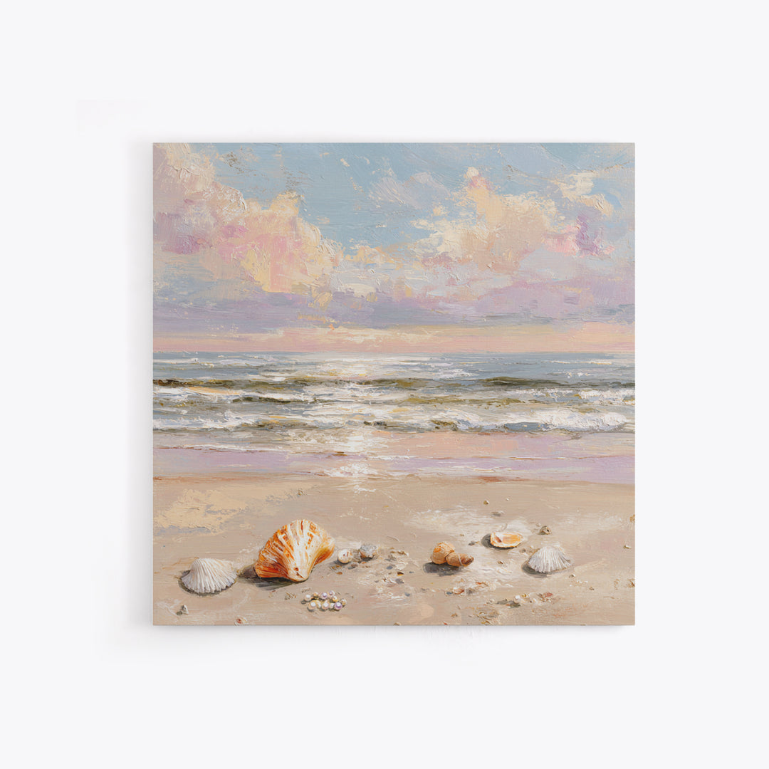 Pastel Ocean Waves And Seashells Wall Art, Coastal Seascape Framed Canvas Print, Beach House Living Room Decor For Bedroom