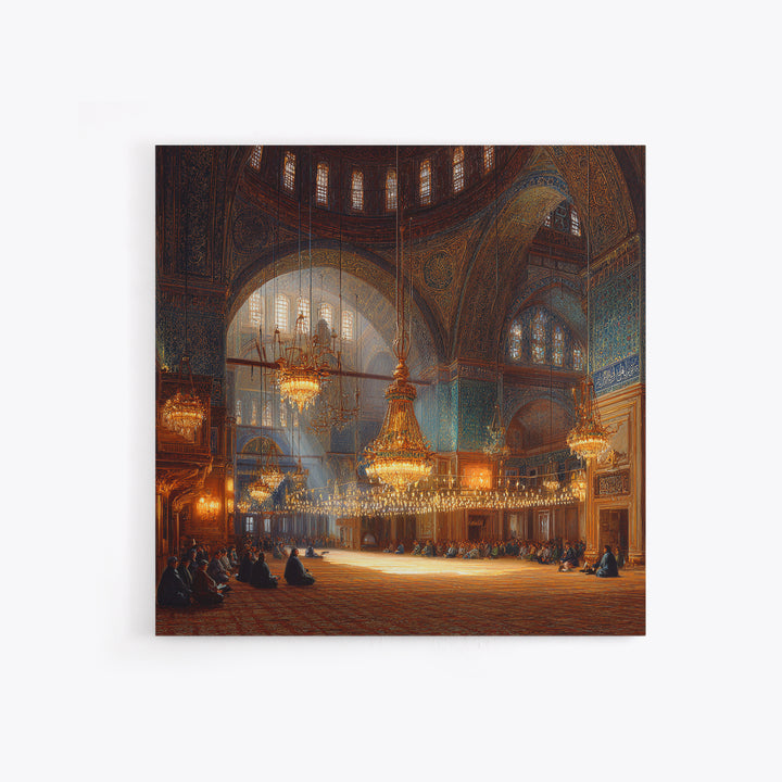 Ornate Mosque Interior With Chandeliers Wall Art, Islamic Architecture Framed Canvas Print, Prayer Room Decor, Luxury Wall Decor