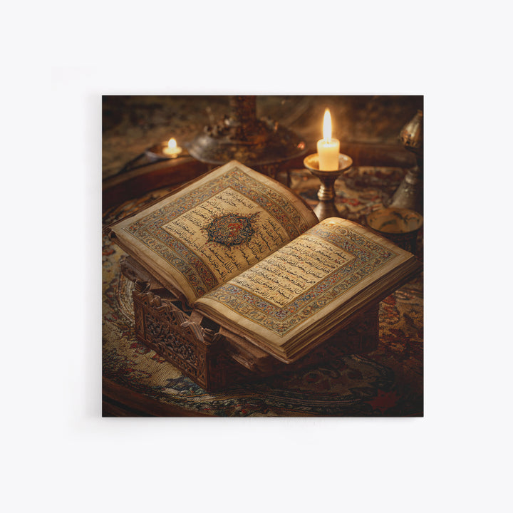 Illuminated Quran Manuscript With Candlelight Framed Canvas Print, Islamic Calligraphy Wall Art, Prayer Room Decor Gift Idea