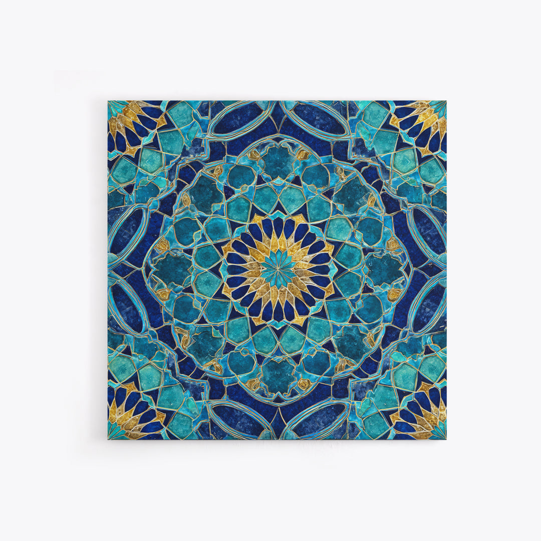 Teal Islamic Geometric Tile Wall Art, Moroccan Mosaic Pattern, Blue Gold Boho Decor, Mediterranean Canvas Print, Kitchen Decor