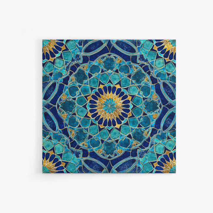 Teal Islamic Geometric Tile Wall Art, Moroccan Mosaic Pattern, Blue Gold Boho Decor, Mediterranean Canvas Print, Kitchen Decor