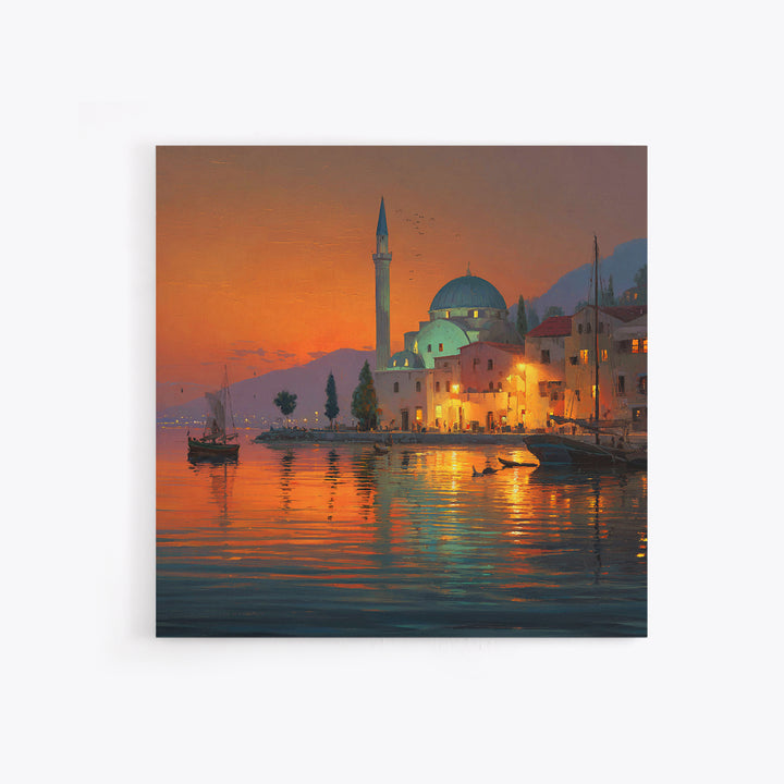 Waterfront Mosque At Orange Sunset Canvas Print, Islamic Architecture Art, Coastal Wall Decor, Travel Poster For Living Room