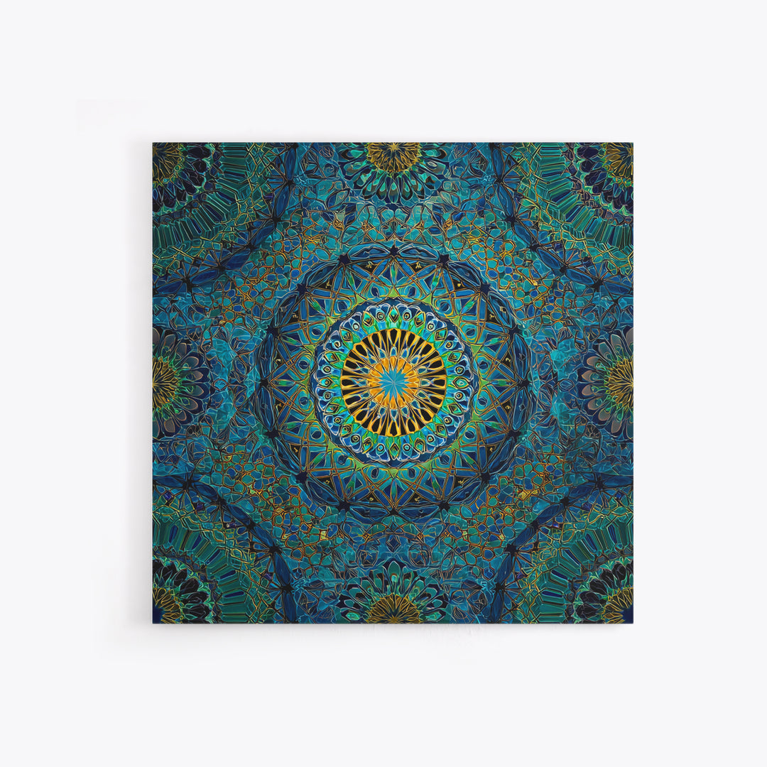 Teal Gold Geometric Mandala Wall Art, Sacred Geometry Abstract Print, Boho Spiritual Decor, Modern Meditation Room Art Gift