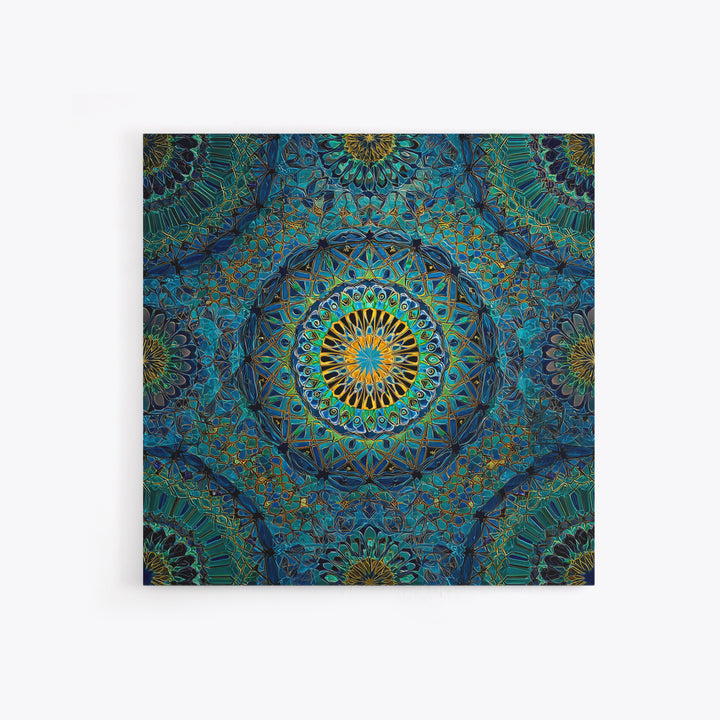 Teal Gold Geometric Mandala Wall Art, Sacred Geometry Abstract Print, Boho Spiritual Decor, Modern Meditation Room Art Gift