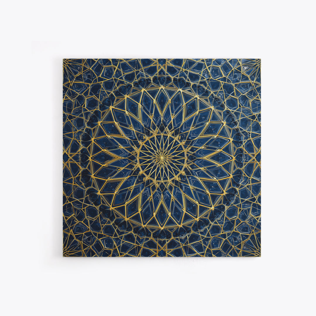 Blue Gold Geometric Mandala Canvas Print, Islamic Pattern Wall Art, Moroccan Abstract Decor For Meditation Room And Office