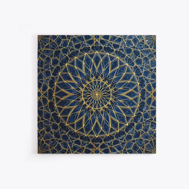 Blue Gold Geometric Mandala Canvas Print, Islamic Pattern Wall Art, Moroccan Abstract Decor For Meditation Room And Office