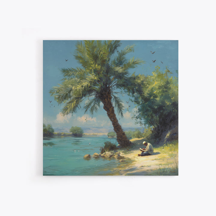 Leaning Palm By Blue Lagoon Wall Art, Tropical Coastal Landscape Painting, Serene Nature Decor, Mediterranean Canvas Print