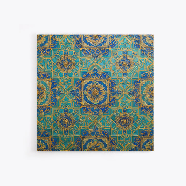 Blue And Gold Islamic Geometric Tile Wall Art, Moroccan Pattern Canvas Print For Elegant Home Decor And Meditation Room Decor
