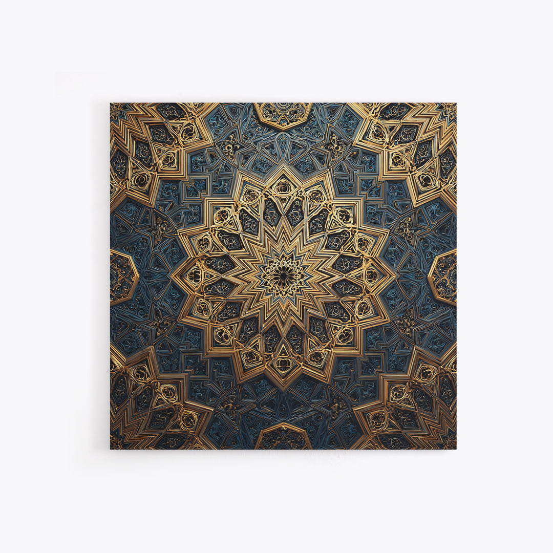 Blue Gold Islamic Geometric Mandala Wall Art, Sacred Geometry Pattern, Moroccan Tile Decor, Meditation Room Statement Print