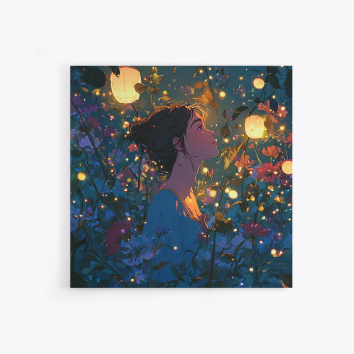 Lantern Lit Girl In Enchanted Flower Garden Wall Art, Whimsical Fairycore Decor, Fantasy Floral Print For Bedroom Living Room Decor
