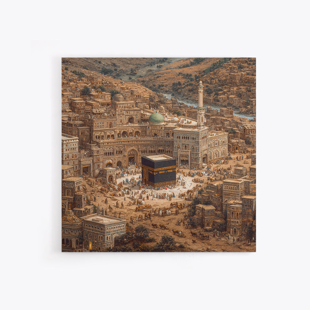 Kaaba In Ancient Mecca City Canvas Print, Islamic Architecture Wall Art, Hajj Prayer Room Decor Housewarming Gift For Muslim Home