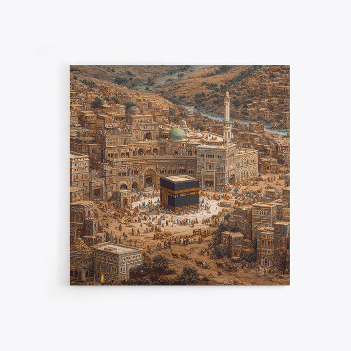 Kaaba In Ancient Mecca City Canvas Print, Islamic Architecture Wall Art, Hajj Prayer Room Decor Housewarming Gift For Muslim Home