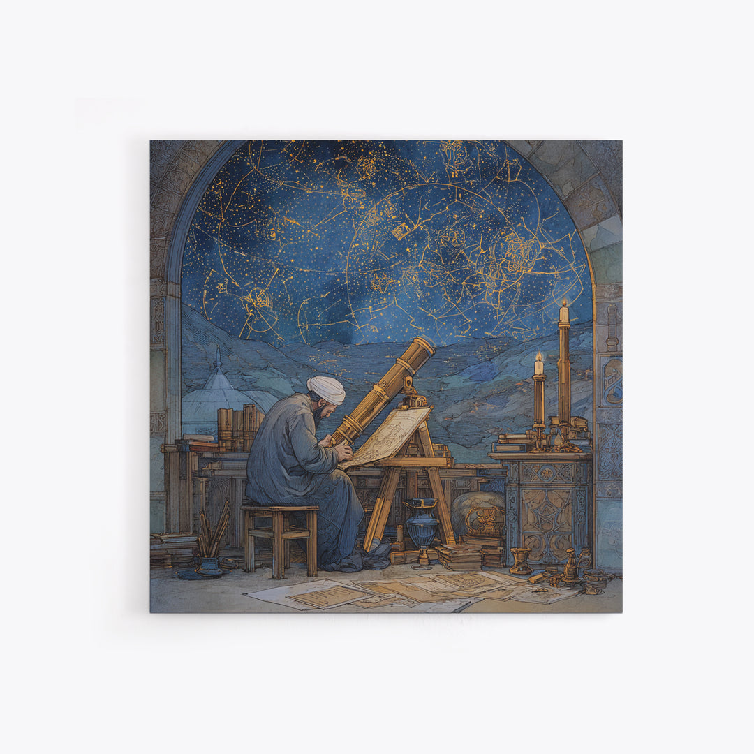 Medieval Astronomer Observatory Wall Art, Celestial Star Map Illustration, Islamic Science Decor, Astrology Canvas Print