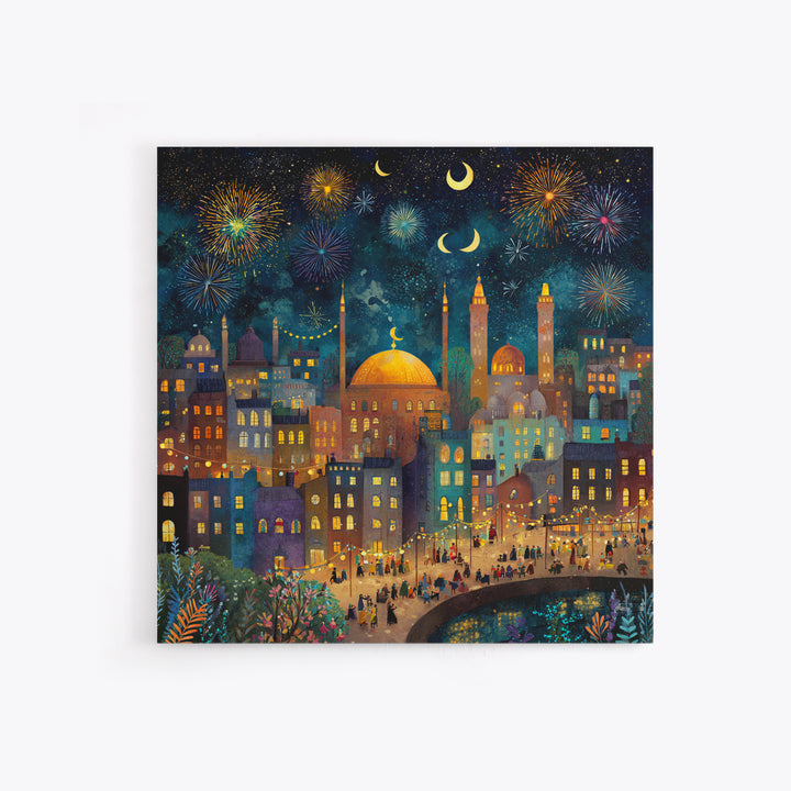 Crescent Moon City Fireworks Wall Art, Whimsical Islamic Canvas Print, Ramadan Decor, Celestial Nursery Art Gift For Kids Room Decor