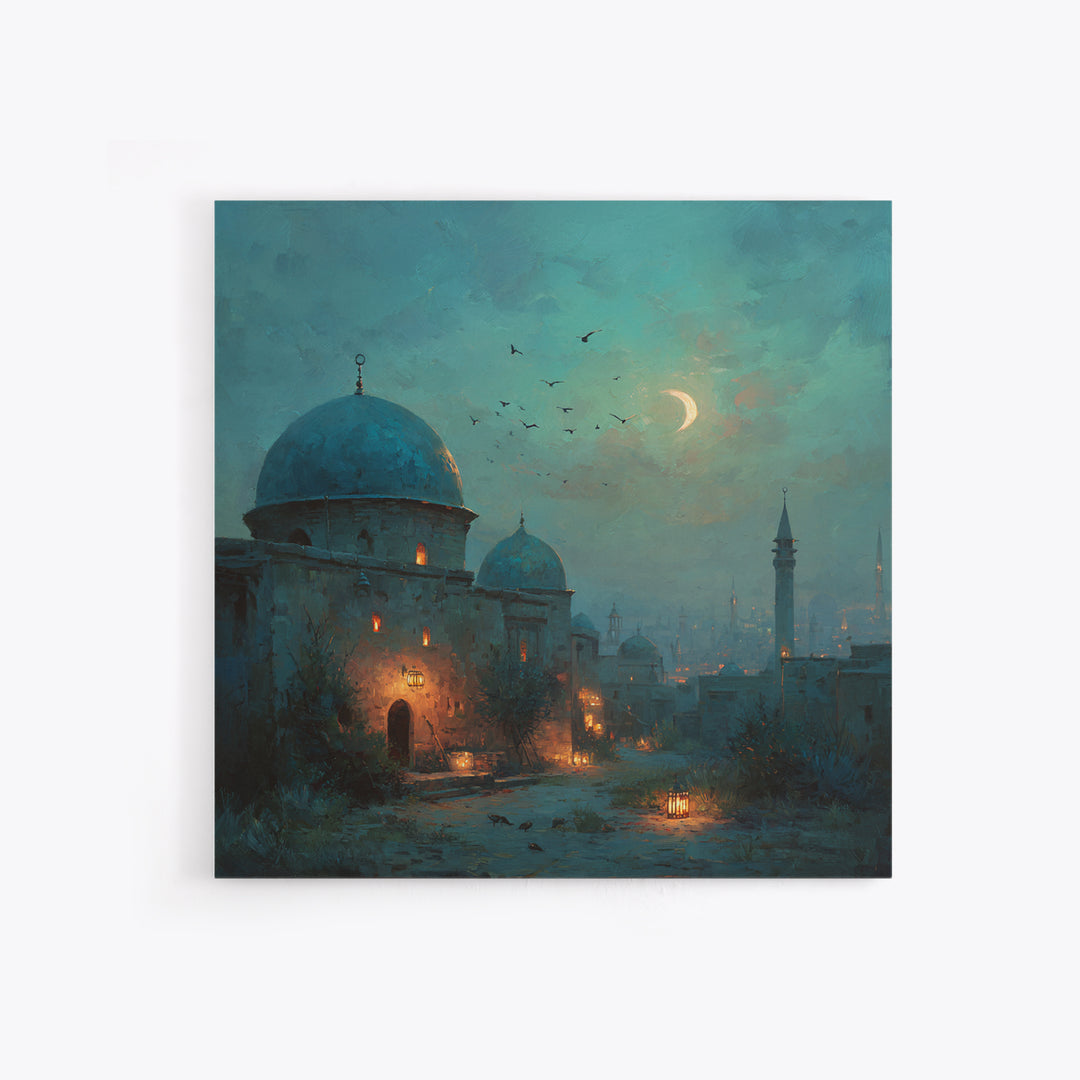 Moonlit Desert Dome Wall Art, Crescent Moon Islamic Architecture Painting, Moroccan Decor, Teal Blue Canvas Print, Ramadan Gift