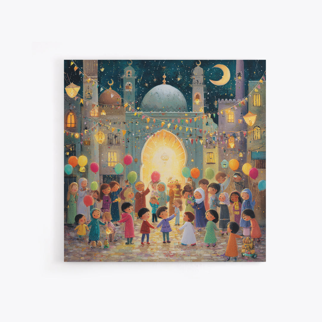 Whimsical Eid Festival Mosque Wall Art, Children With Balloons Islamic Decor, Ramadan Celebration Nursery Art Print Gift