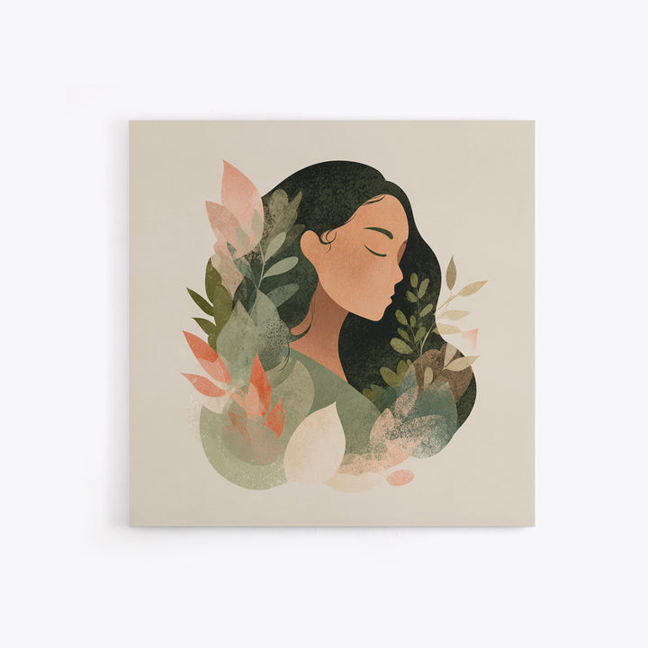 Serene Botanical Woman Portrait Canvas Print, Neutral Boho Wall Decor, Minimalist Art Print For Bedroom Living Room Home Decor