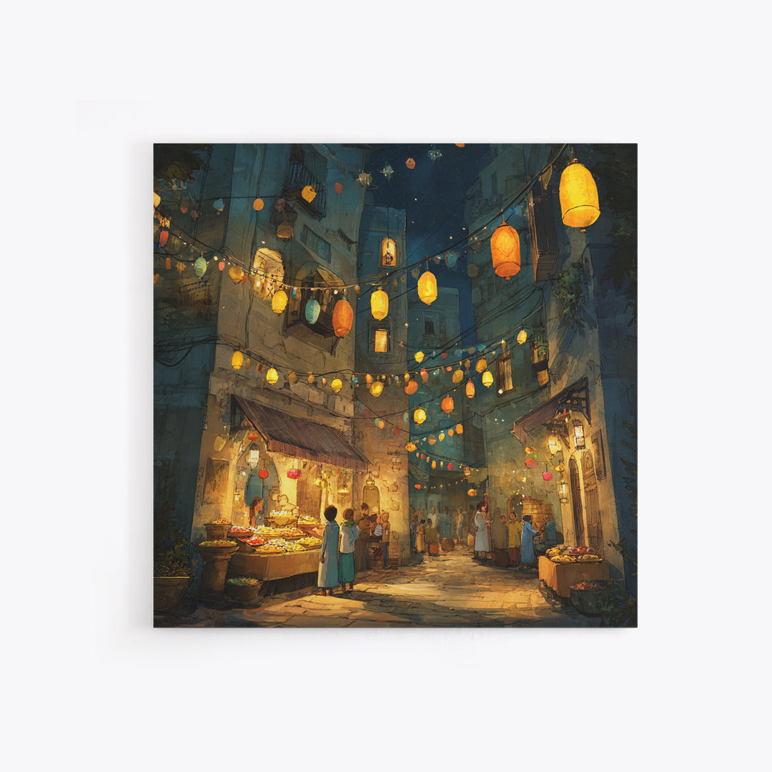 Glowing Lantern Night Market Alley With Food Stalls Wall Art, Moroccan Decor, Mediterranean Travel Poster, Kitchen Wall Art
