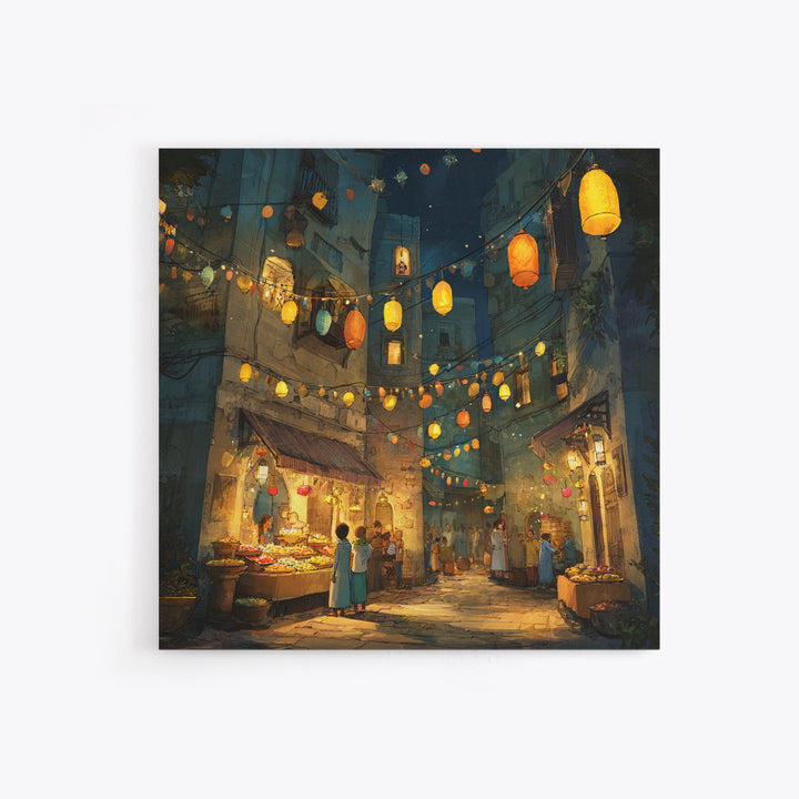 Glowing Lantern Night Market Alley With Food Stalls Wall Art, Moroccan Decor, Mediterranean Travel Poster, Kitchen Wall Art