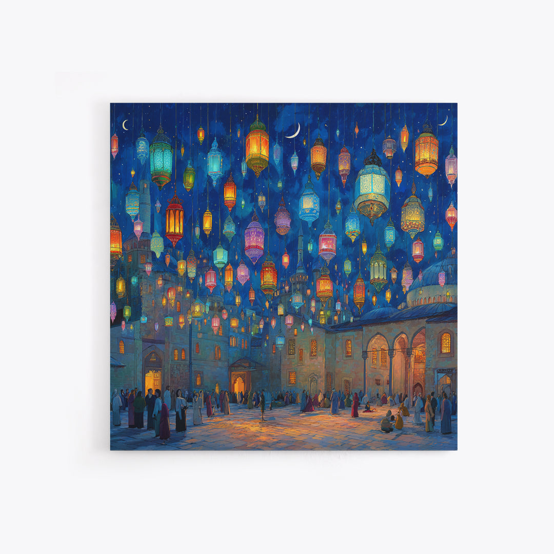 Colorful Ramadan Lanterns Over Courtyard Wall Art, Islamic Canvas Print, Arabic Home Decor, Eid Gift, Mystical Night Scene