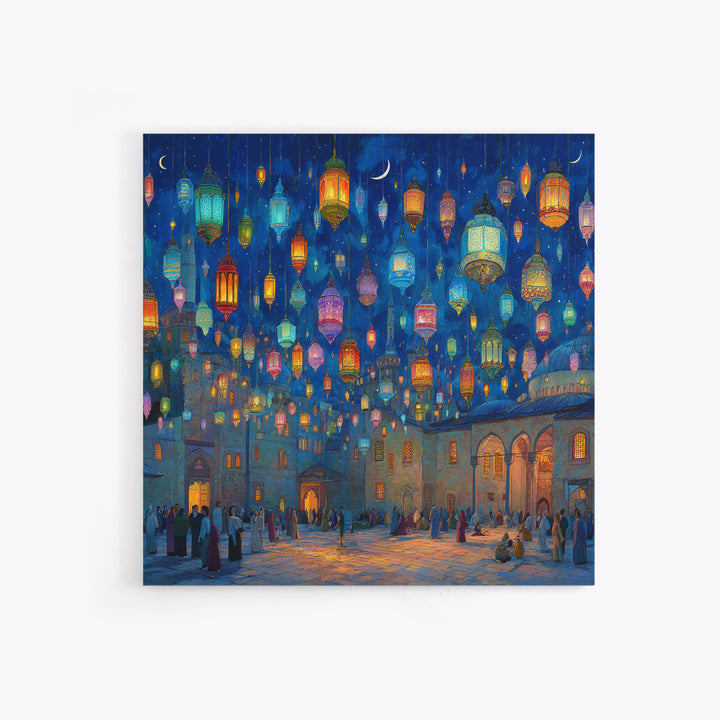 Colorful Ramadan Lanterns Over Courtyard Wall Art, Islamic Canvas Print, Arabic Home Decor, Eid Gift, Mystical Night Scene