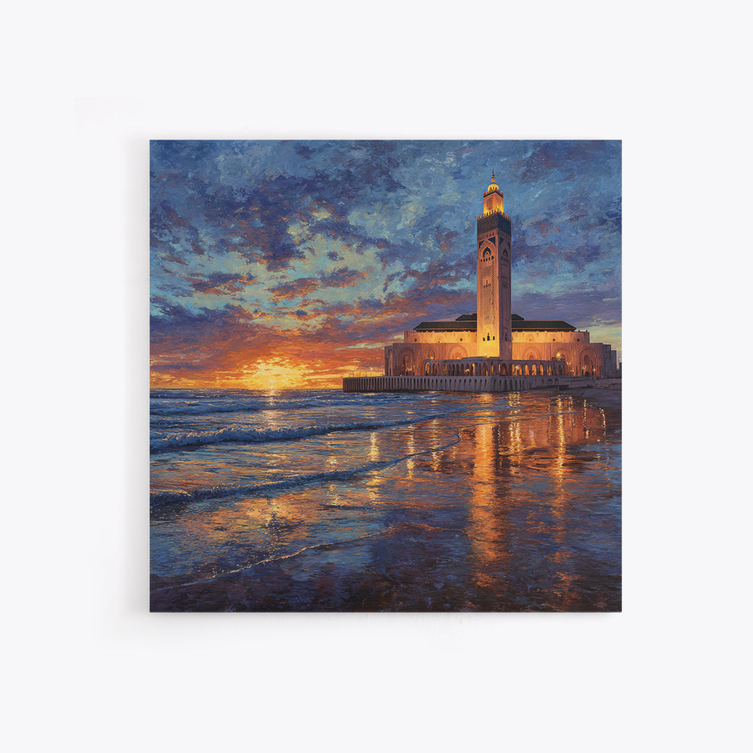 Sunset Mosque On Moroccan Coast Canvas Print, Islamic Wall Art, Ocean Seascape, Morocco Travel Poster, Coastal Home Decor