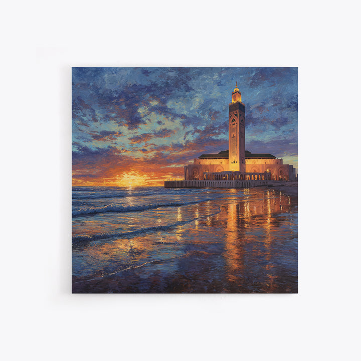 Sunset Mosque On Moroccan Coast Canvas Print, Islamic Wall Art, Ocean Seascape, Morocco Travel Poster, Coastal Home Decor